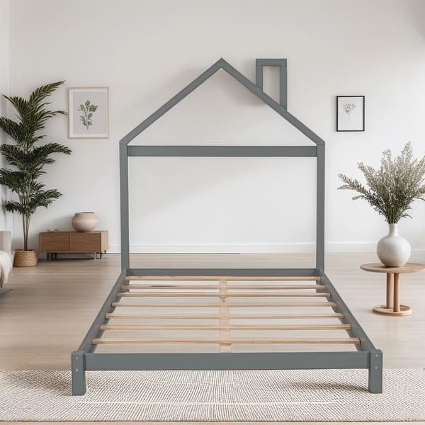 slide 2 of 36, Full Size Kids Bed Wood Platform Bed with House-shaped Headboard , Gray Grey