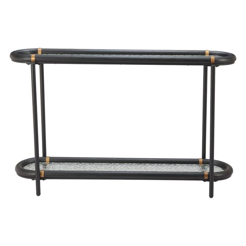 HomeRoots 52" Black and Clear Glass Solid Wood and Steel Oval Console Table With Shelf - 52.00 in. x 32.10 in. x 15.00 in.