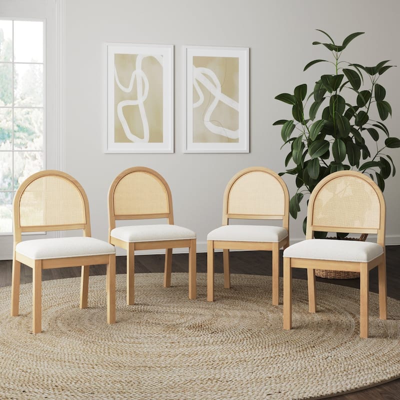 Bailey 19 in. Boucle Dining Chair, Upholstered Side Chair with Natural Woven Rattan Back and Solid Wood Legs - Set of 4 - Cream Boucle/Warm Pine