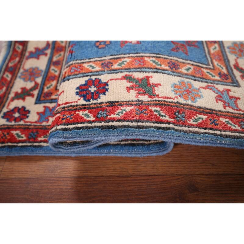 Geometric Blue Kazak Accent Rug Handmade Wool Carpet - 2'0" x 3'1"