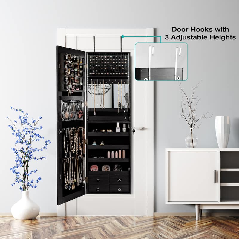 Gymax Mirror Jewelry Cabinet 96 LED Lights Wall Door Mounted Armoire - See Details
