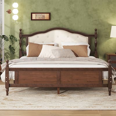 Classic Platform Bed Wooden Frame Queen Size Bed with Upholstered Tufted Headboard, Panel Footboard and Central Support Feet