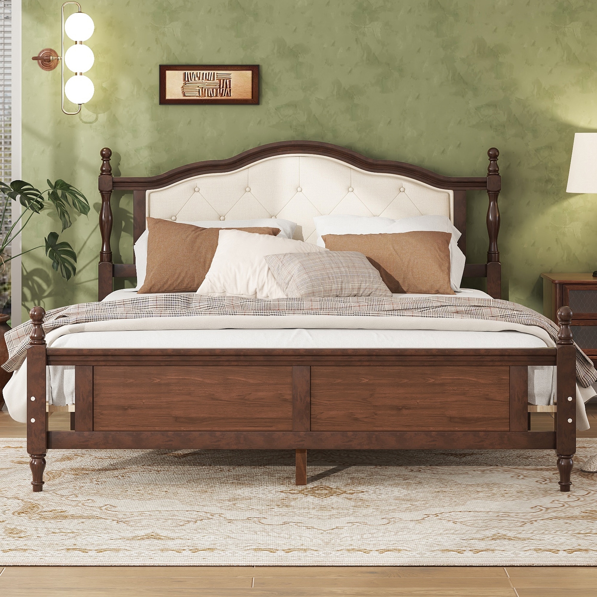 GDFStudio Queen Pine Wooden Bed with Upholstered Headboard and Panel Footboard