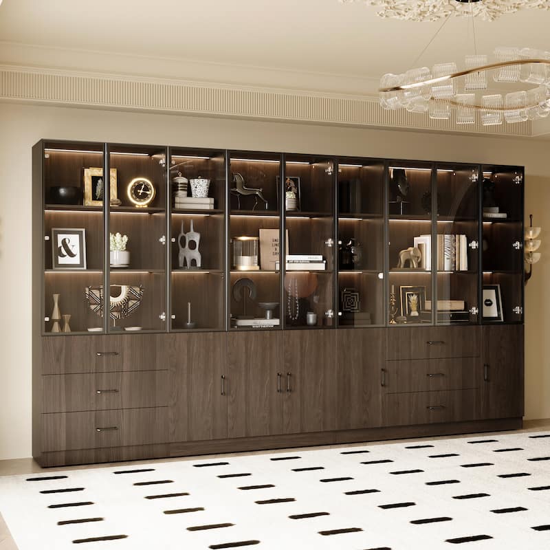 Bookshelves Bookcase Modular Glass Display Cabinet with LED Lights, Dark Wood Storage Combination Cabinet System