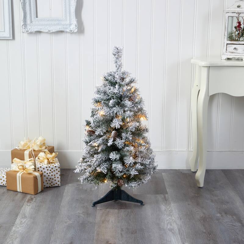 3' Pre-Lit Flocked Artificial Christmas Pine Tree, Clear LED Lights - 3 Foot