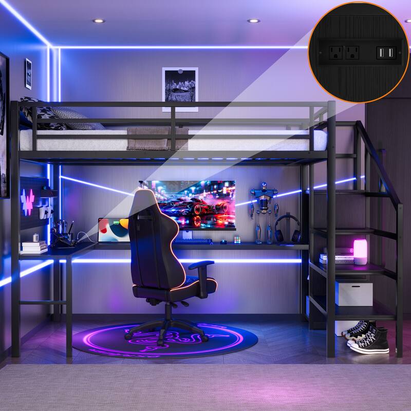 Twin XL/Full XL Metal Loft Bed with L-Shaped Desk, USB, LED Lights, Wardrobe & Storage Stairs for Kids/Teens/Adults