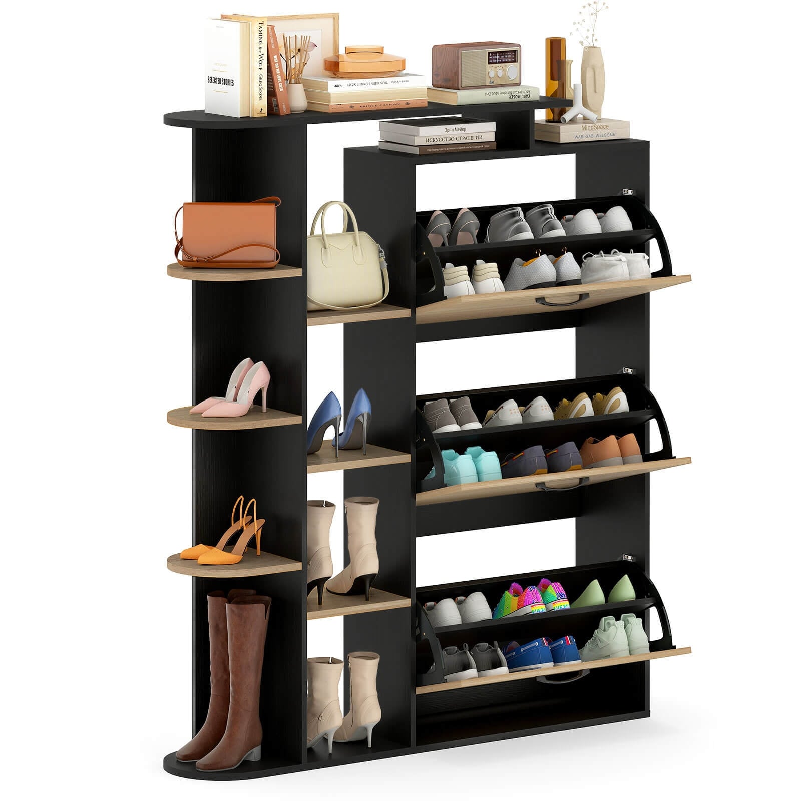 Costway Shoe Cabinet with Open Shelves, 3 Flip Drawers, 8-Tier Side - See Details