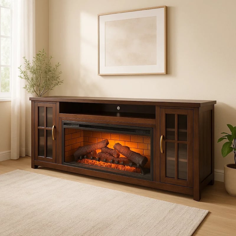 Gery TV Media Console w Log Fireplace Insert Option, 76 Inch, 2 Cabinets, Dark Brown