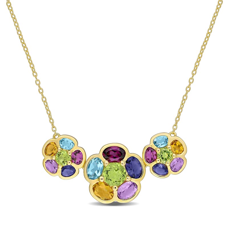 Miadora Yellow Plated Sterling Silver Multi- Gemstone Tri-Flower Stationed Necklace