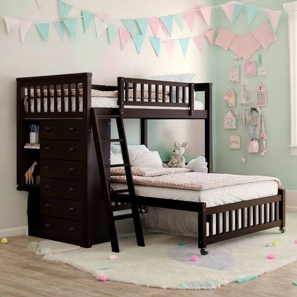 slide 2 of 37, Twin Over Full Wooden Bunk Bed with Drawers and Shelves Espresso