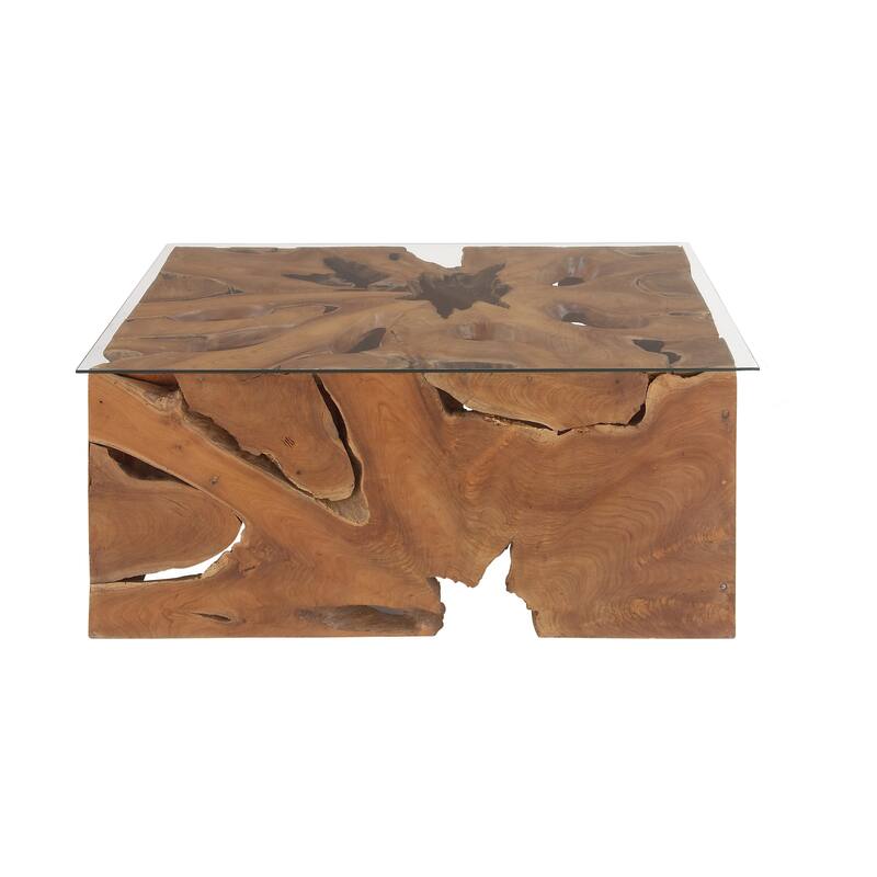 Teak Wood Handmade Live Edge Tree Stump Coffee Table with Clear Glass Top - Brown - Roche River Decor - 28"W x 40"L x 18"H