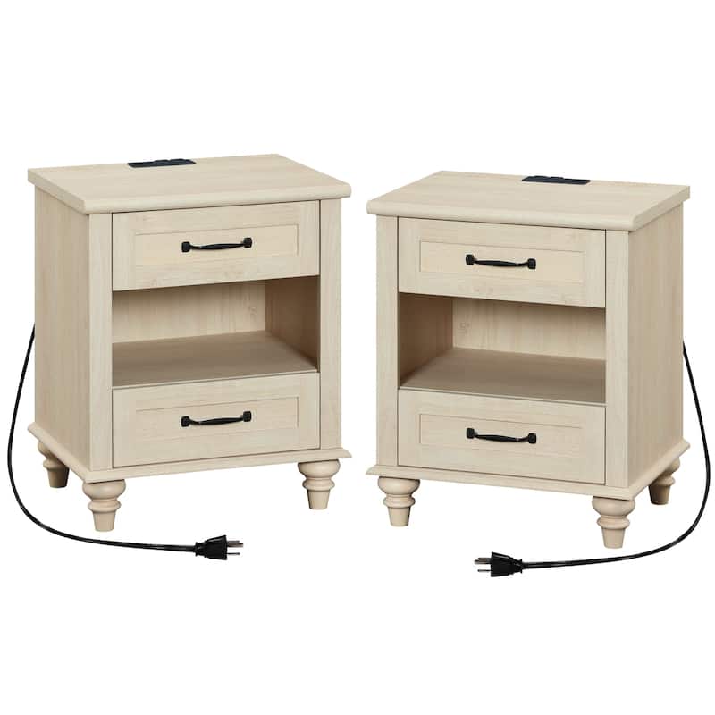 Mid Century End Table Nightstands with Charging Station & Drawer - 2 Piece - Beige