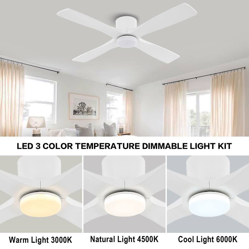WINGBO 60" Flush Mount DC Ceiling Fan with Lights, 4 Reversible Blades, Hugger Low Profile Indoor Ceiling Fan