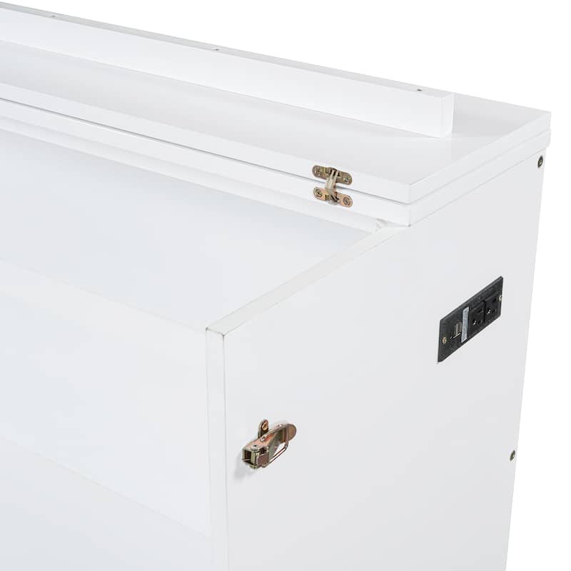 Queen Size Murphy Bed with Pulley System, Storage Drawer, USB Ports, and Sockets, Space-Saving
