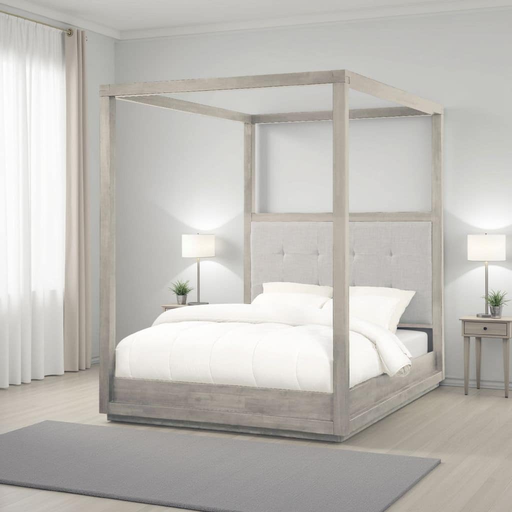 Kim Upholstered Acacia Wood Platform Canopy King Bed, Tufted, Heather Gray