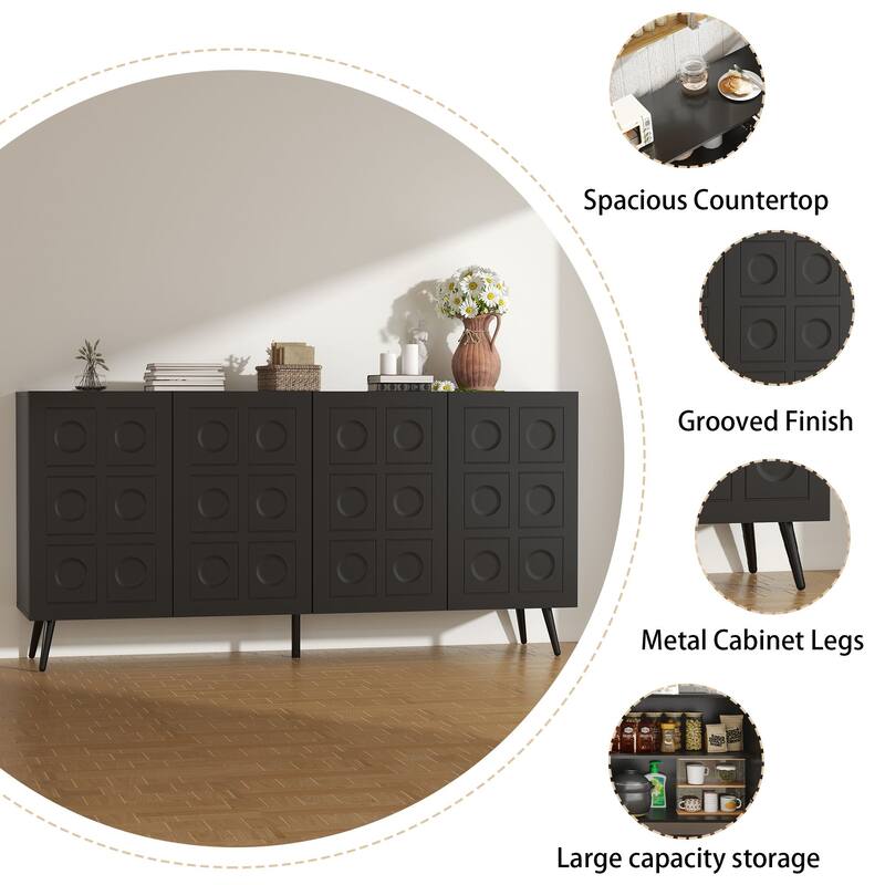 Storage Cabinet Buffet Sideboard with 4 Fluted Doors, Wood Accent Entryway Table with Adjustable Shelves
