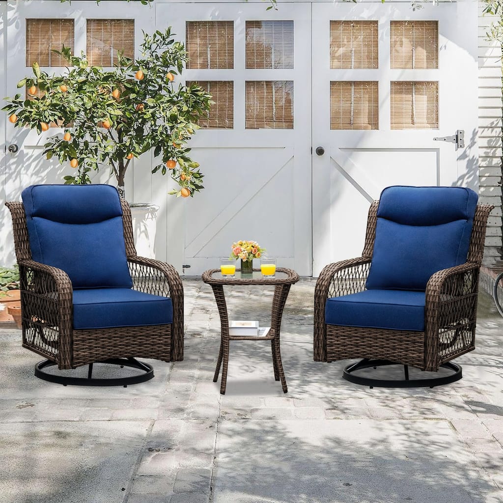 High Back Outdoor Swivel Rocker Patio Chairs Set of 2 with 5-Inch Thick Cushions and Side Table for Porch, Poolside