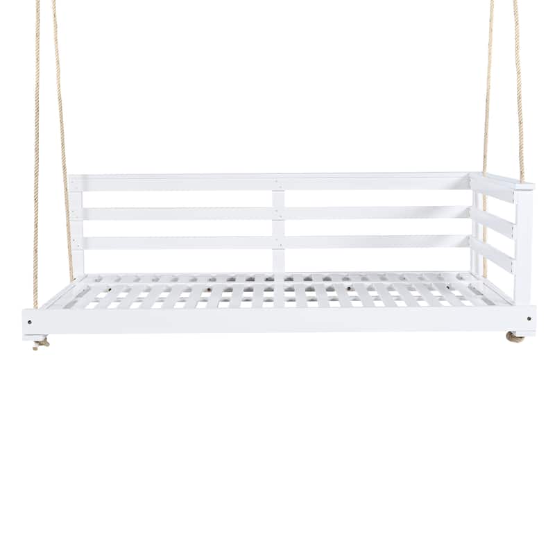 Country Patio Wooden Twin Size Swing Daybed Porch Swing Frame with 4pcs 96-inch Hemp Ropes for Backyard, Garden, White