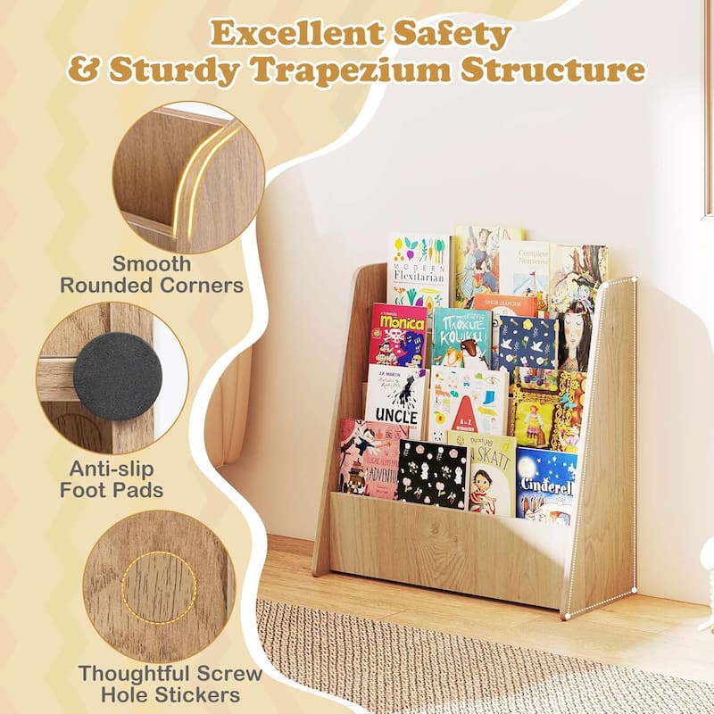4-Tier Kids Bookshelf Wood Toddler Bookcase w/ Deep Display Shelf