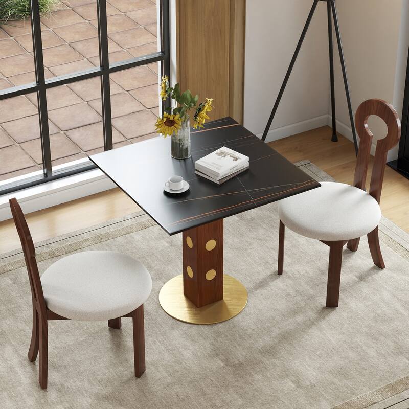 Modern Square Dining Table, 33.5" Sintered Stone Table with Wooden Leg & Gold Base, 2 - Person Kitchen Table for Small Space