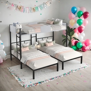 Twin Size Triple Bunk Bed with Vent Board/ Sturdy Metal Frame/ Noise-Free Wood Slats/ Separatable into three beds