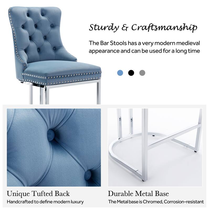 Modern Velvet Upholstered Barstools with Metal Base Leg