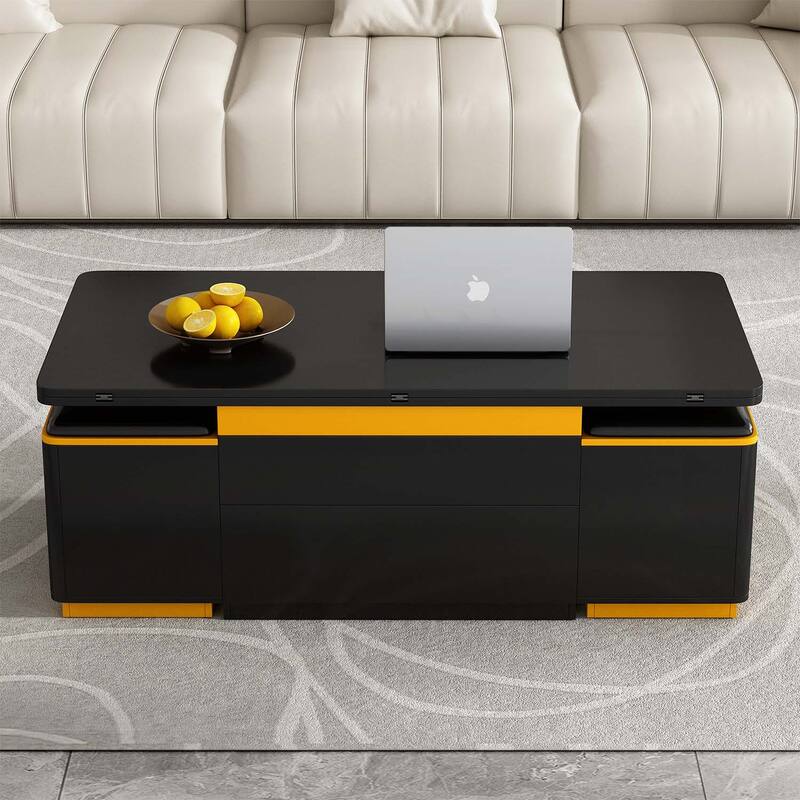 Lift-Top Coffee Table with 4 Storage Stools for Living Room - Black