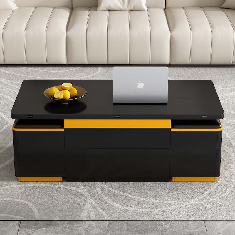 Modern Lift-Top Coffee Table with 4 Storage Stools,with Foldable Top - Black