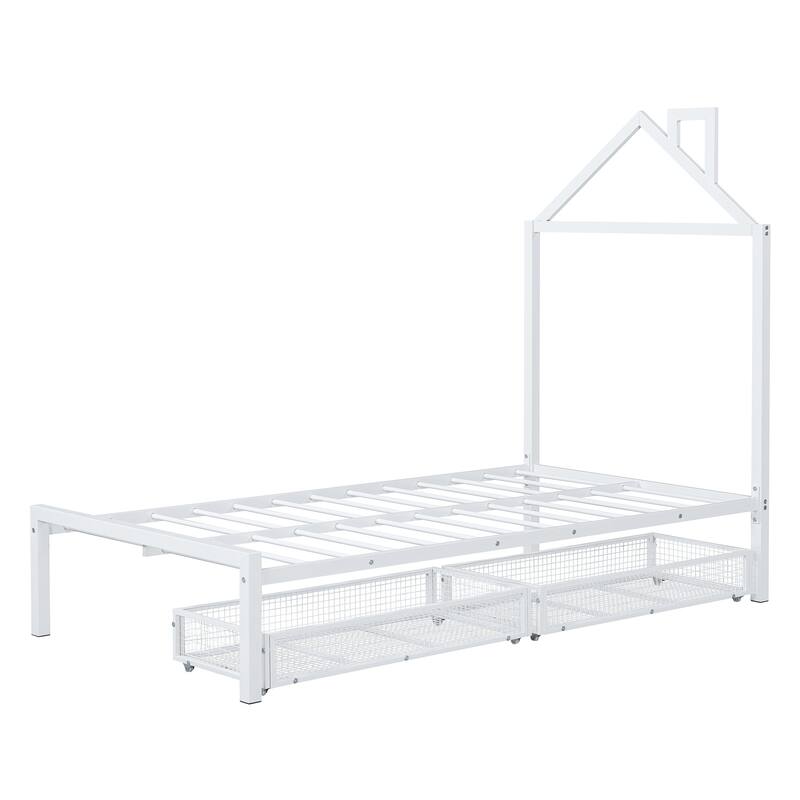 House-Themed Metal Twin Platform Bed with Storage Drawers, Sturdy Frame.
