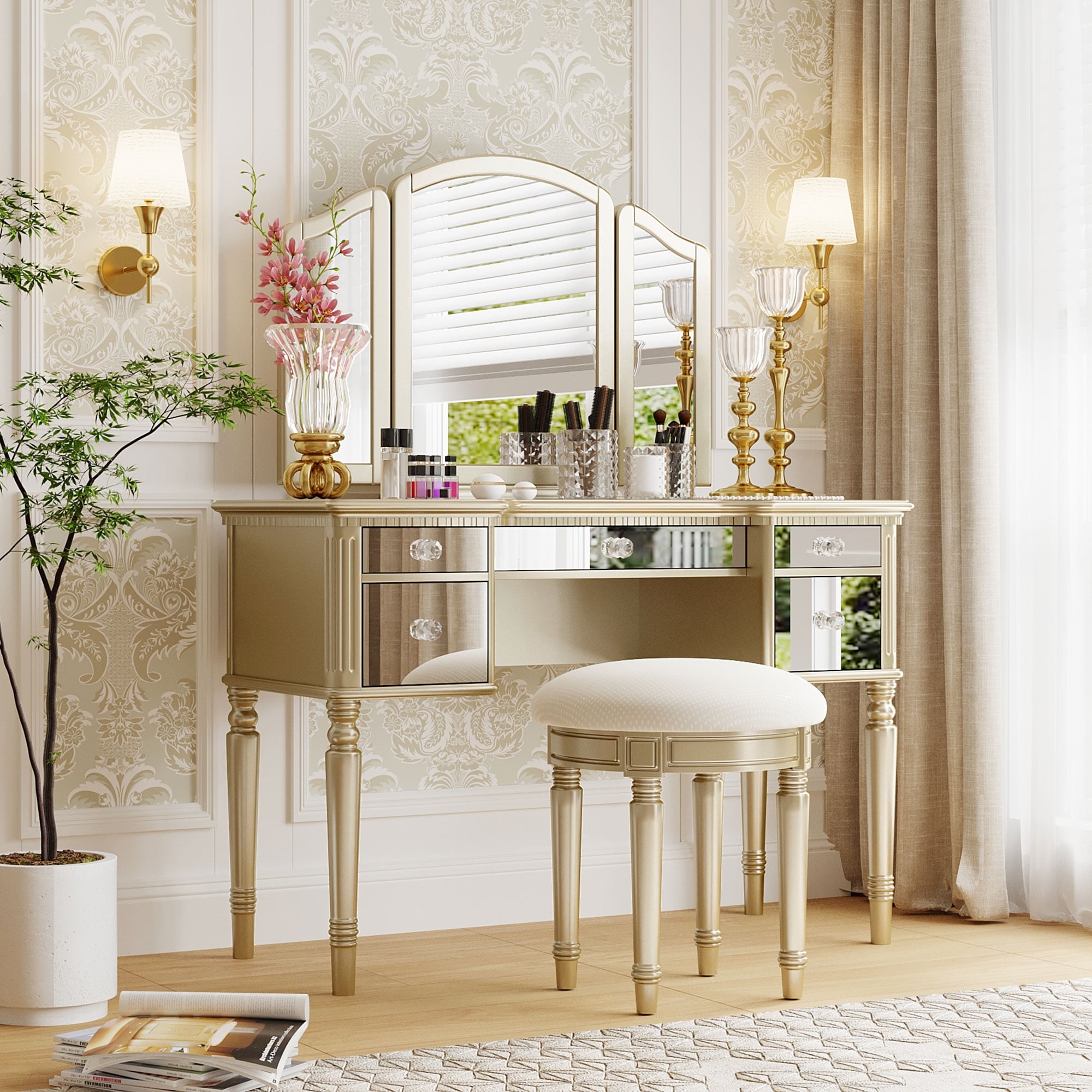 43" Dressing Table Set with Mirrored Drawers and Stool, Tri-fold Mirror,  Makeup Vanity Set for Bedroom, Gold