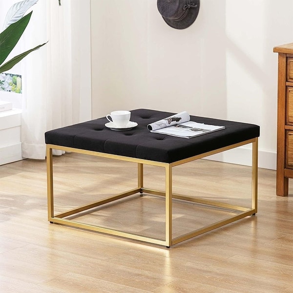Upholstered Square Ottoman Coffee Table Modern Tufted Metal Base Black