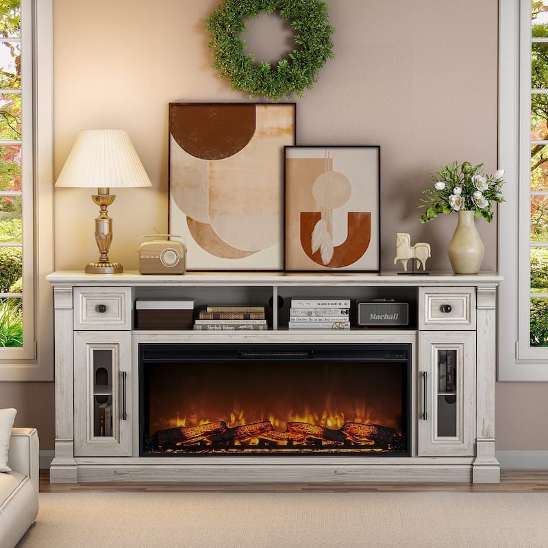 Fireplace TV Stand for 80" TV, Entertainment Center with LED Lights