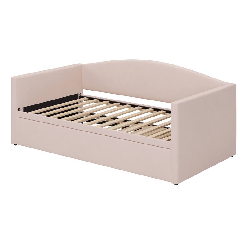 Velvet Upholstered Daybed Twin Size Sofa Bed with Extended Pop Up Trundle and Curved Backrest, Space-Saving Twin to King Design