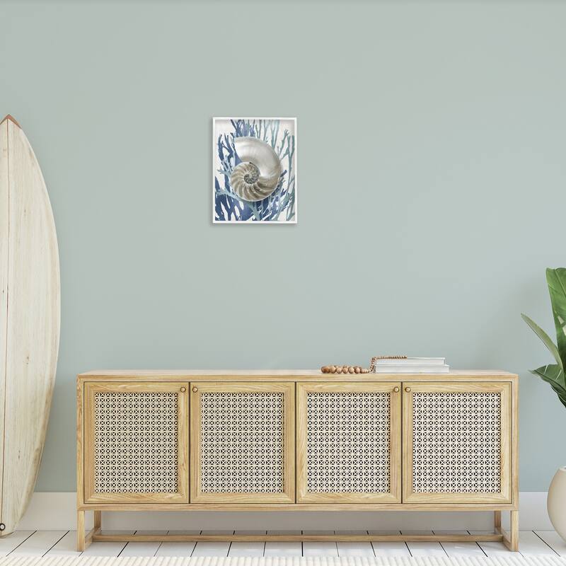 Stupell Shell Coral Beach Blue Design Framed Giclee Texturized Art by Caroline Kelly