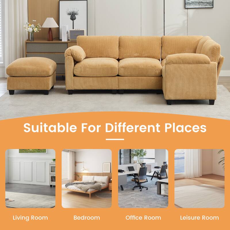 5-Seater Corduroy Sectional Sofa, Removable Ottoman, Modular Design