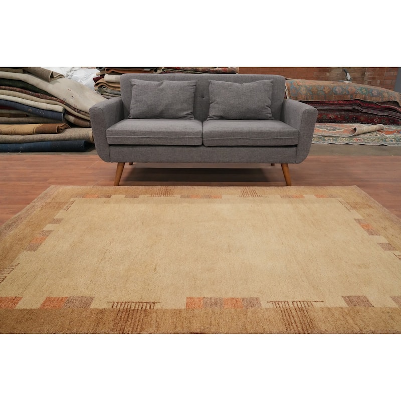 Hand Knotted Oriental 100% Wool Carpet Modern Geometric Beige & Ivories Gabbeh Area Rug - 7' 9'' X 5' 5''