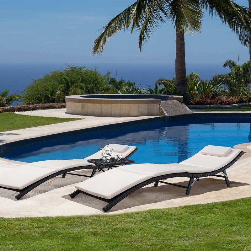 Homall 3 Pieces Patio Chaise Lounge with Removable Cushions Unadjustable Wicker Folding Chaise Lounge with Folding Table