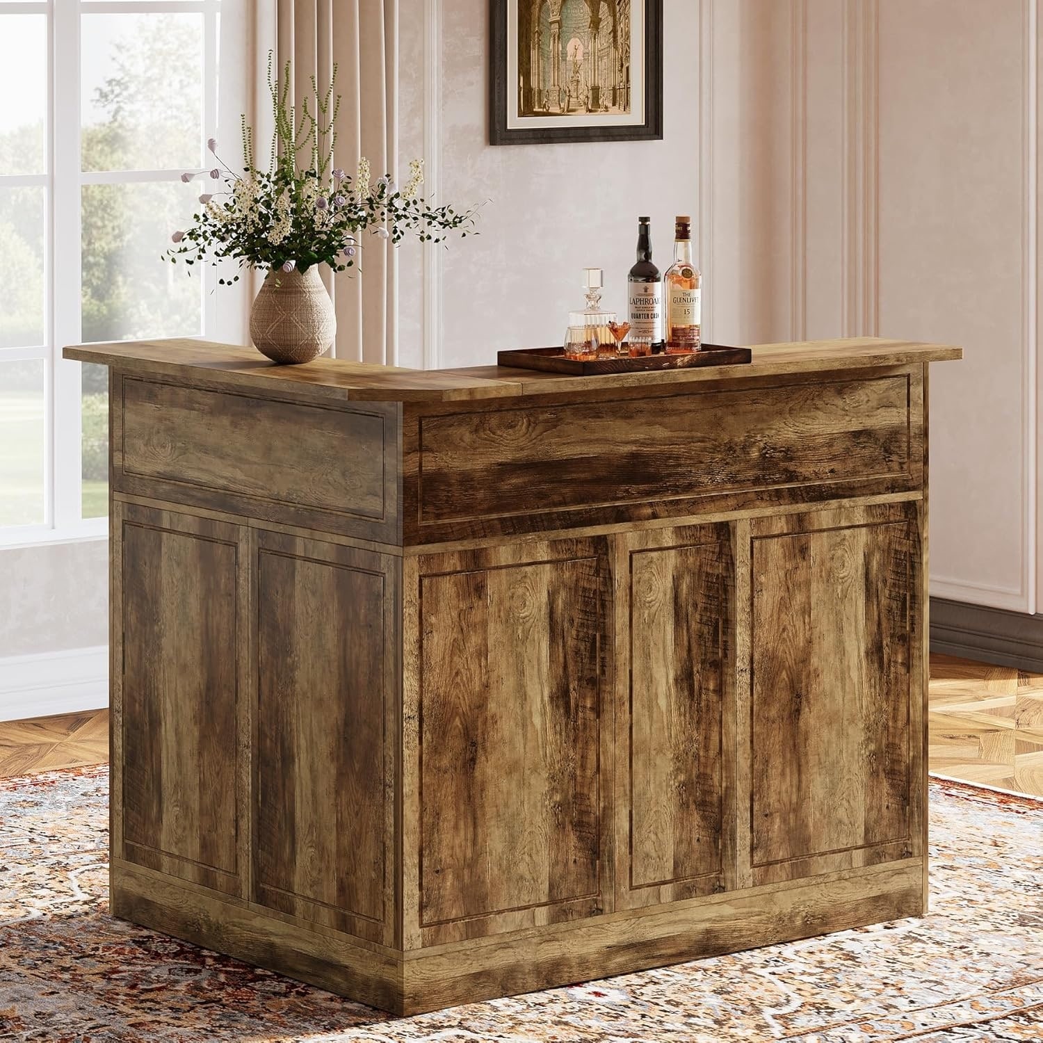 L Shaped Home Bar Cabinet Table with Stemware Racks, 4-Tier Corner Bar Unit Liquor Wine Bar Table