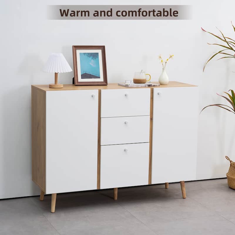 47 Inch 2-Door Accent Cabinet with 3 Drawers Fluted Sideboard Buffet Storage for Living Room Dining Room Bedroom