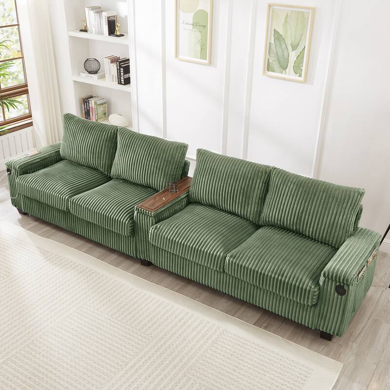 4 Seater Corduroy Sofa Couch with USB Ports and Storage Arms, 133" Modern Sofa with Side Pockets and Flip-Top Cup Holders