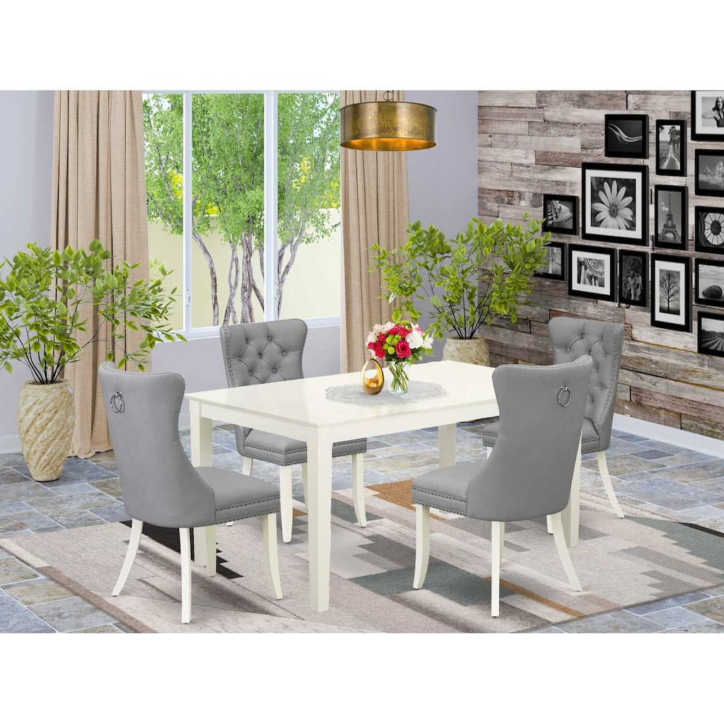 5-Piece Rectangular Linen White Finish Solid Wood Top-Upholstered Dining Room Set-Seats 4