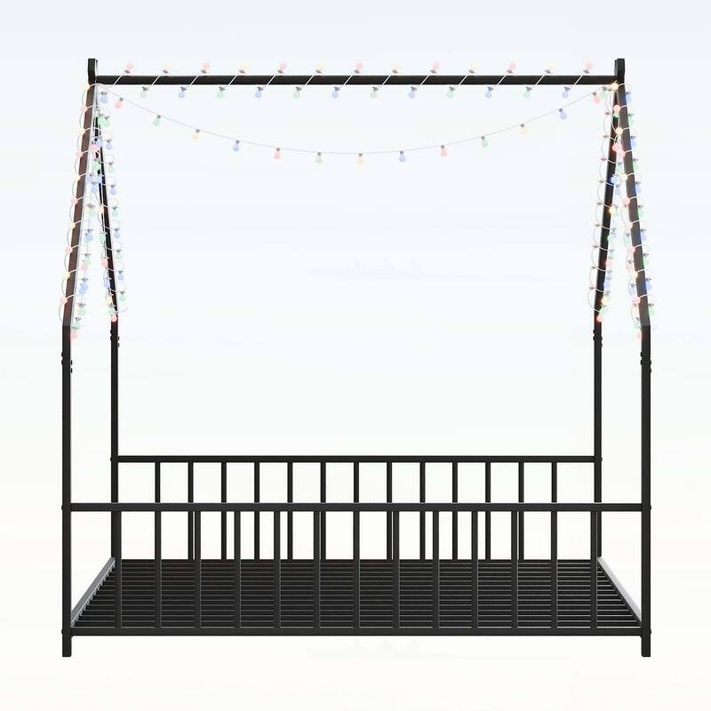 Platform Bed with LED light strips,roof-shaped iron frame,and low profile design for safety and style