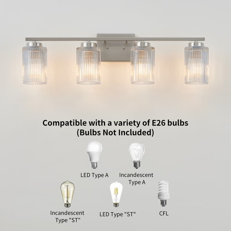 KAWOTI 30" 4-Light Bathroom Vanity Light with Fluted Glass Shades