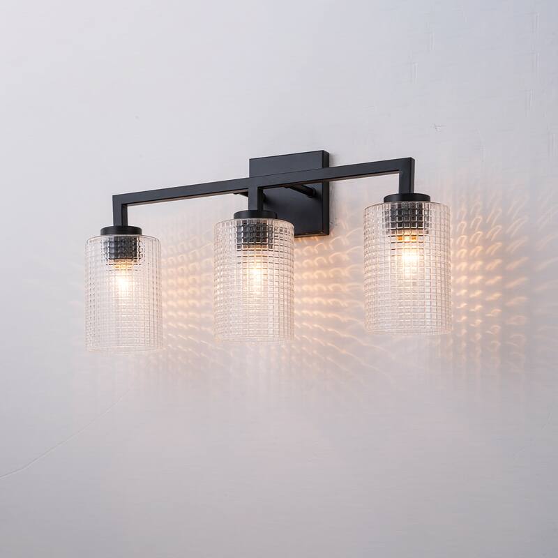 3/4-Light Modern Black Wall Sconce Bathroom Vanity Light with Grid Glass Shades