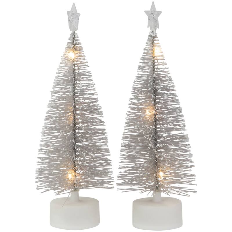 Set of 2 LED Silver Mini Bottle Brush Pine Christmas Village Trees