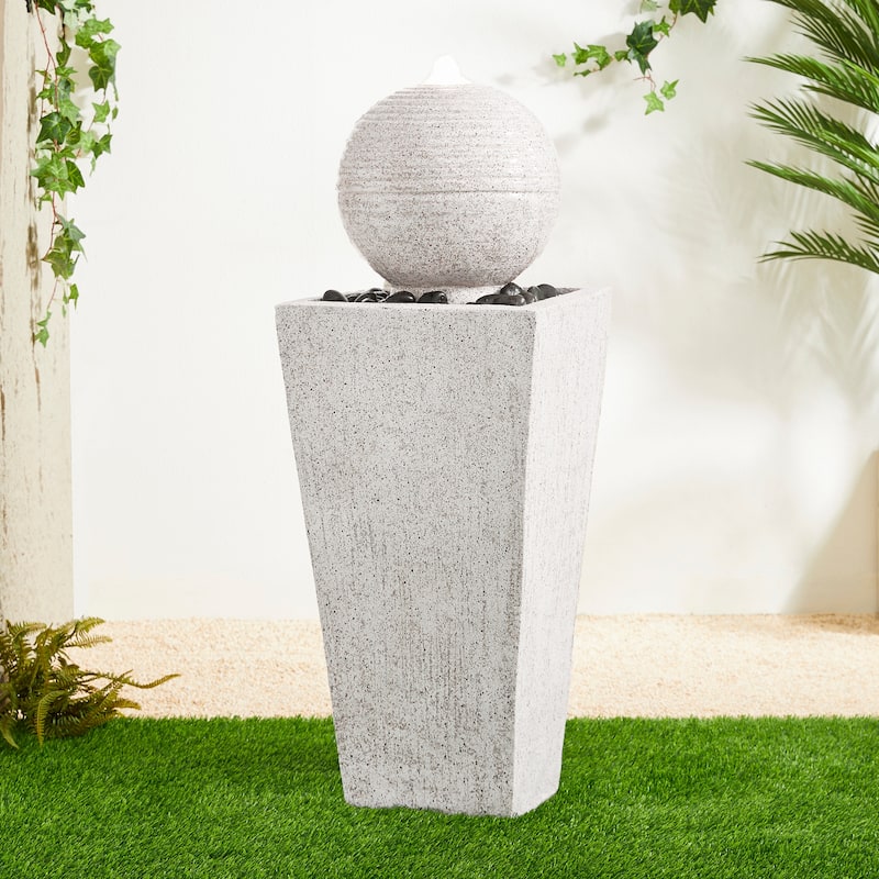Glitzhome 31.75"H Polyresin Sphere Pedestal Outdoor Fountain With Pebbles Pump LED Light