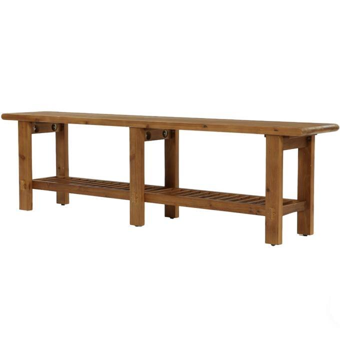 2-Tier Solid Wood Entryway Shoe Bench, 63" End of Bed Bench Shelf - Brown