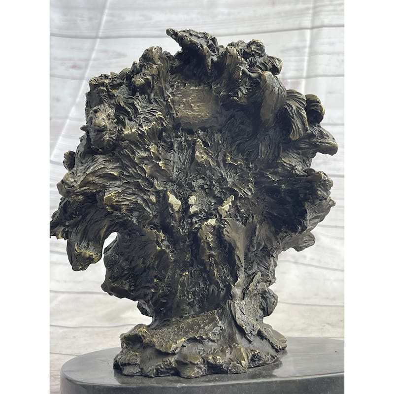 Roaring Imitative Lions Head Imitative Lion Bust Bronze Sculpture Statue Figure Marble Base 9 Inches X 7 Inches