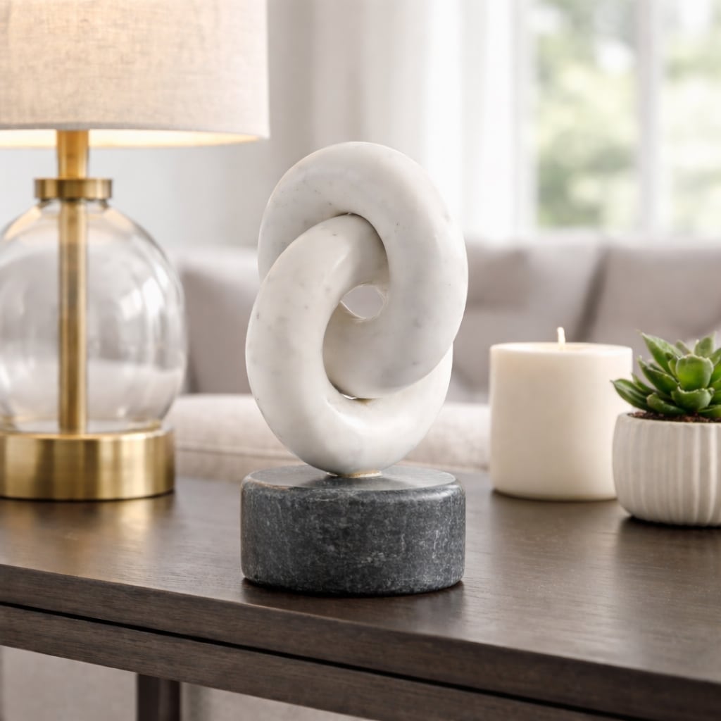Modern Marble Link Figurine - Decorative Statue - 9", White & Gray - 8.75"
