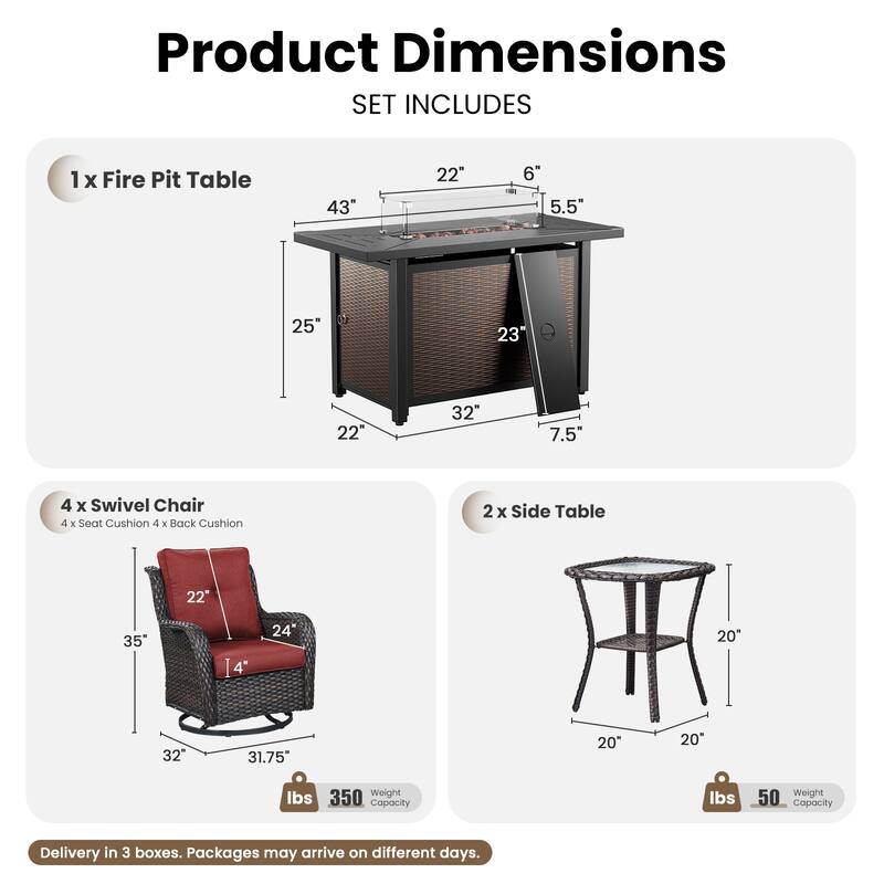 Gymojoy 7-Piece Outdoor Wicker Set with 4 Swivel Rockers & 55,000 BTU Fire Pit Table for Patio